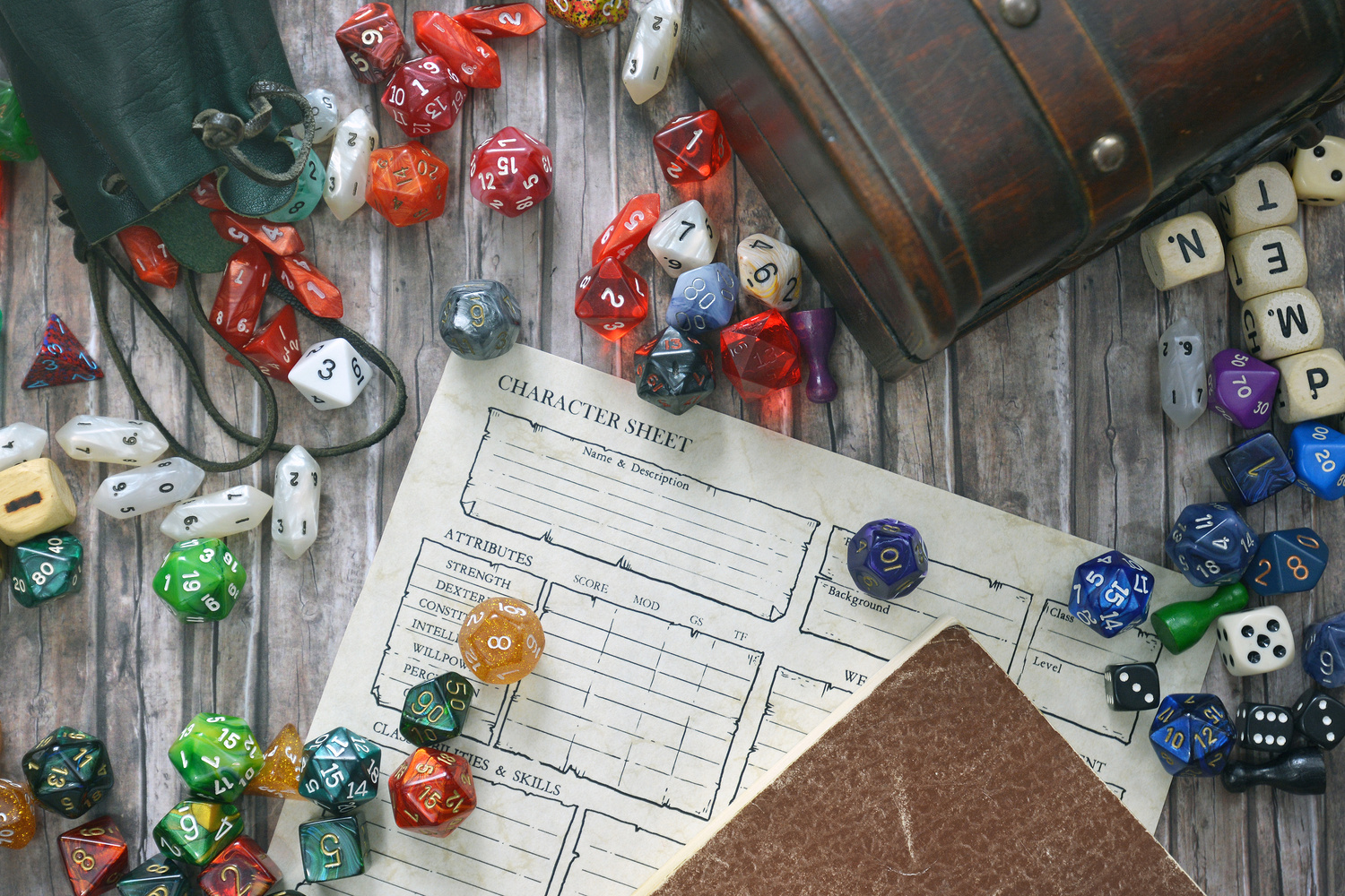 Tabletop roleplaying flat lay with colorful RPG and game dices,  character sheet, rule book and treasure chest on wooden desk